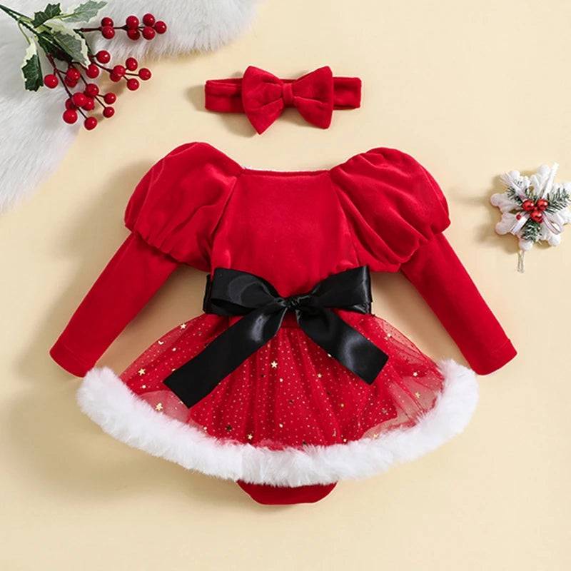Baby Girls' manga comprida macacão com Headband, Toddler Bodysuits, roupas de Natal, patchwork, lantejoulas, estrelas, lua, saia, bainha
