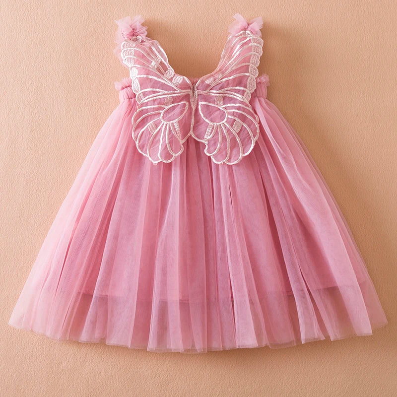 Verão novo vestido de manga voadora para meninas crianças arco morango bordado malha vestido de princesa vestido de bebê menina para 1-5 anos