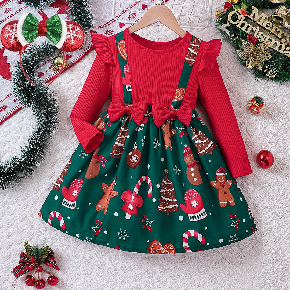 2026 vestido de ano novo para meninas do bebê outono manga longa vestido de princesa crianças vermelho retalhos presente de natal veados impressão vestidos de natal