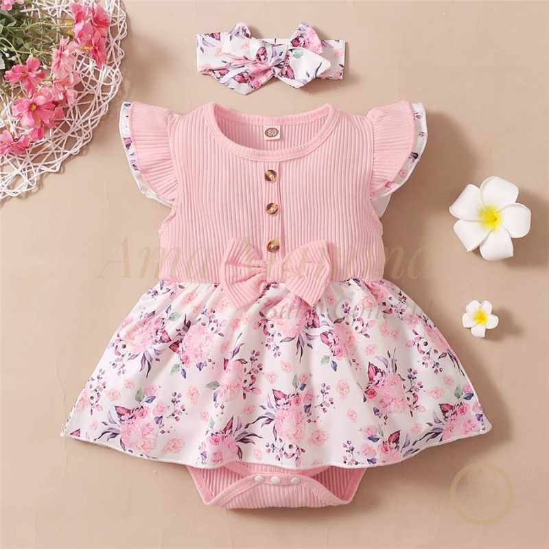 Vestido Floral Rosa Menina Bebê 0-18 Meses Verão - Algodão e Poliéster - Ama Mamma