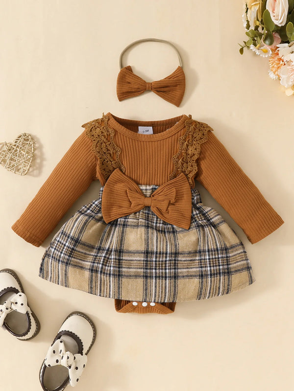 Bebê gilrs manga longa outono/inverno xadrez com arco mel macacão para recém-nascidos-18m férias wear + bandana