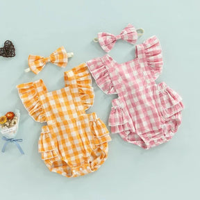 Body Feminino Infantil Xadrez + Faixa de Cabelo | 0-24 Meses