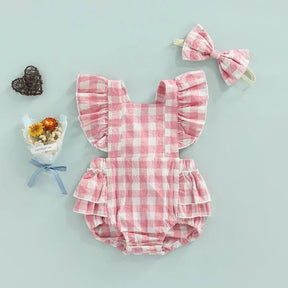 Body Feminino Infantil Xadrez + Faixa de Cabelo | 0-24 Meses