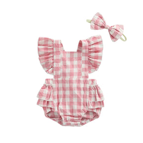 Body Feminino Infantil Xadrez + Faixa de Cabelo | 0-24 Meses