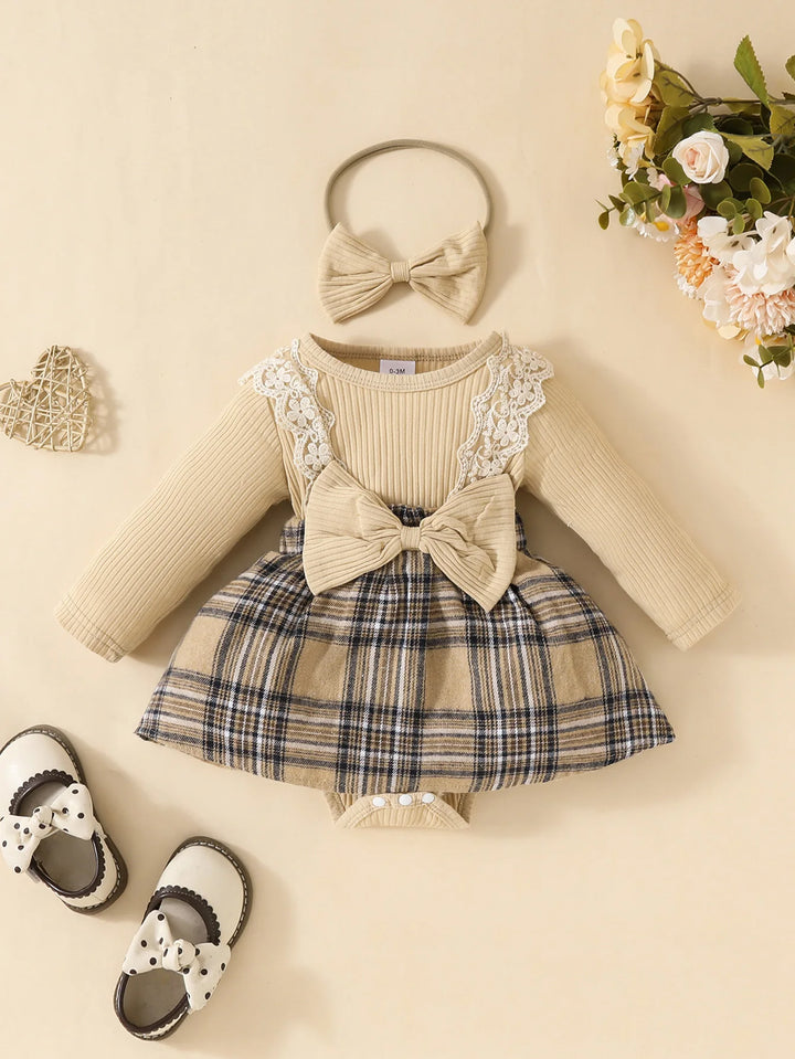 Bebê gilrs manga longa outono/inverno xadrez com arco mel macacão para recém-nascidos-18m férias wear + bandana