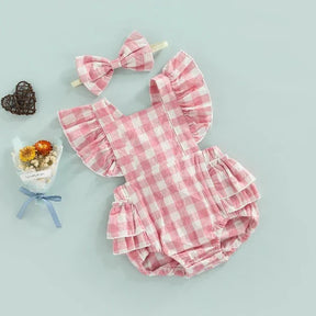 Body Feminino Infantil Xadrez + Faixa de Cabelo | 0-24 Meses