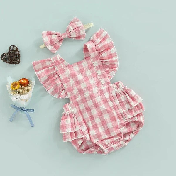 Body Feminino Infantil Xadrez + Faixa de Cabelo | 0-24 Meses