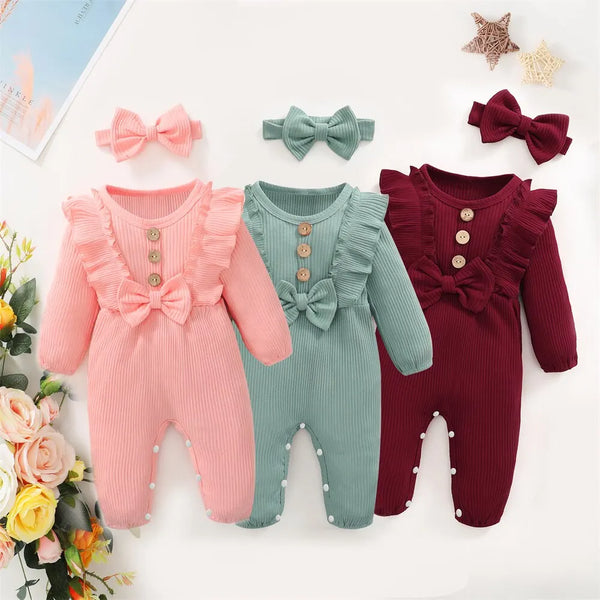 Bebê recém-nascido menina macacão de manga comprida plissado bodysuit com bandana outono & inverno macacão roupa para bebê 0-18 meses