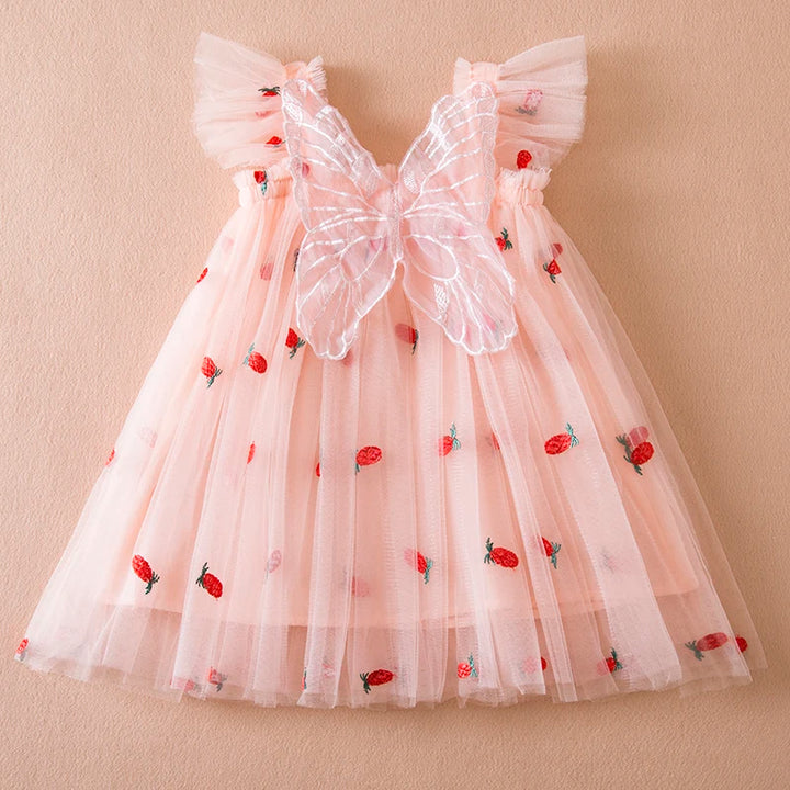 Verão novo vestido de manga voadora para meninas crianças arco morango bordado malha vestido de princesa vestido de bebê menina para 1-5 anos